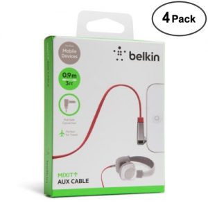 Belkin AV10128tt03-RED MIXIT Right Angle Aux / Auxilary Cable - 3 ft (Red) (4 Pack)