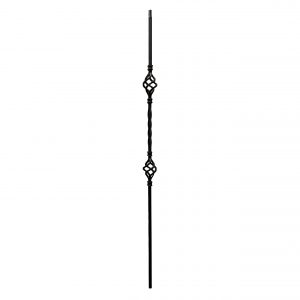 Iron Stair Balusters 1/2" Square x 44" Long, Double Basket, Hollow, Black Powder Coated - 15pcs - (Satin Black) - DH-05