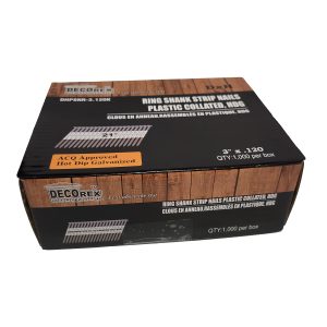 1000 pc Box 3" x .120" Ring Shank Nails, Plastic Collated, HDG (20-22 Degree)  (DHPSNR-3.120K)